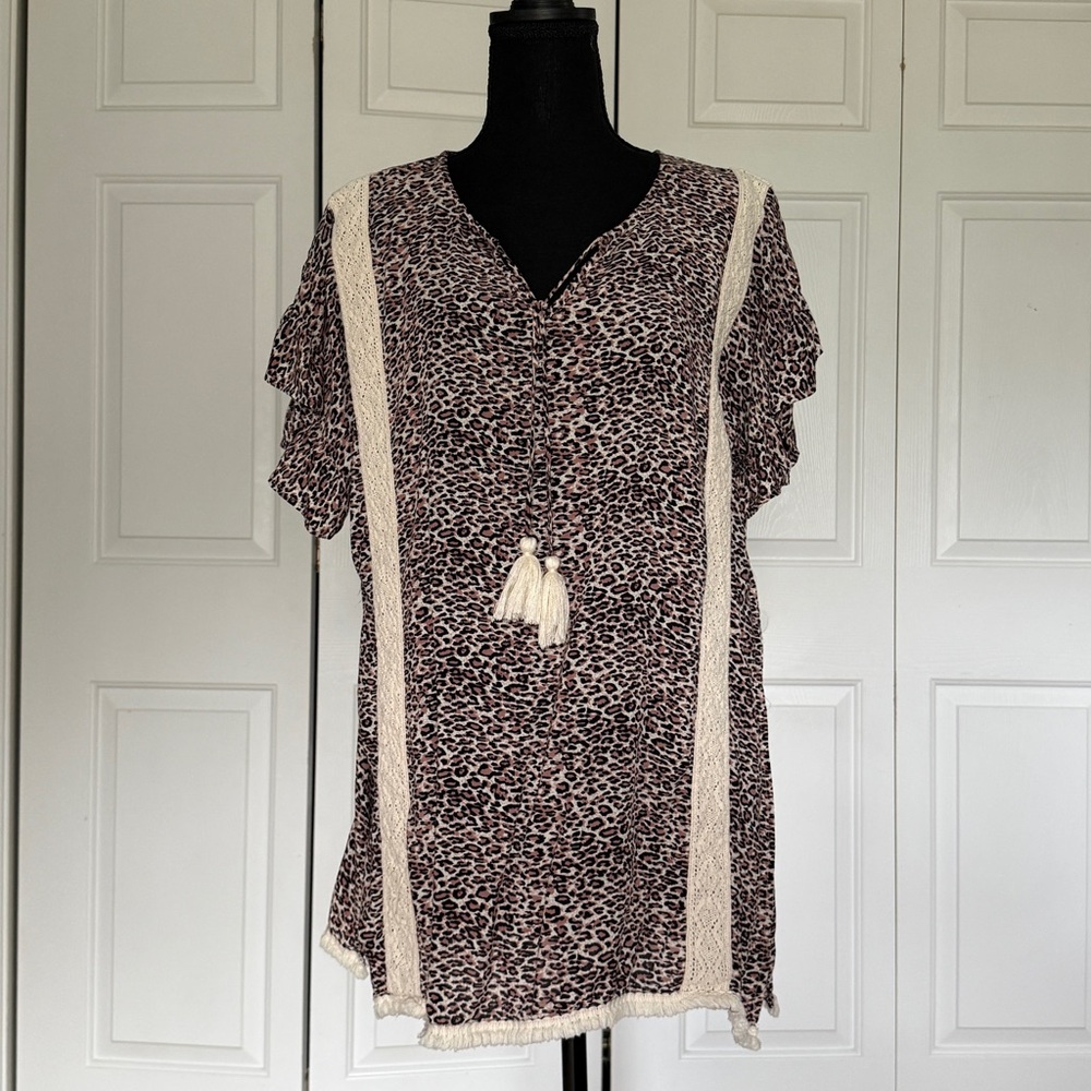 Animal Print Tassel Bathing Suit Cover-Up with Lace Trim